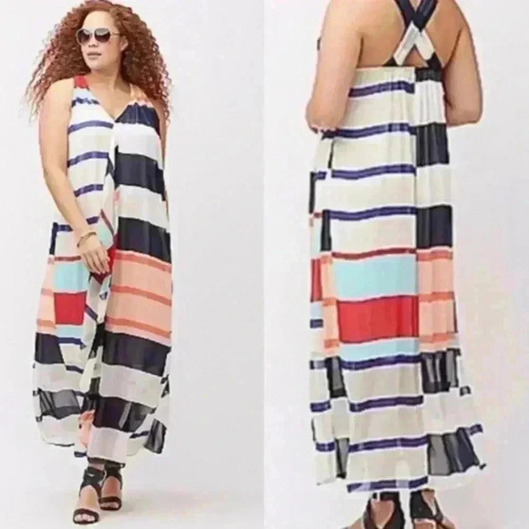 Lane Bryant Dresses & Skirts - NWOT LaneBryant striped cascade chiffon maxi dress size 28 V-neck cross back